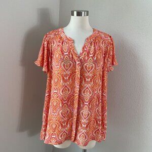 Rose + Olive Womens Plus 1X Paisley Blouse Top Short Flutter Sleeve Shirt